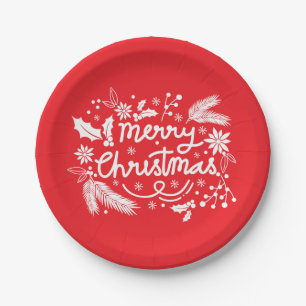 Red Merry Christmas Festive Holiday White Floral Paper Plate