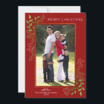 Red Merry Christmas Festive Leaves Berries Photo Holiday Card<br><div class="desc">Modern Red Merry Christmas Modern Simple Font Typography Green Botanical Leaves Berries Gold Frame Photo Holiday Card</div>