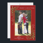 Red Merry Christmas Festive Leaves Berries Photo Holiday Card<br><div class="desc">Modern Red Merry Christmas Modern Simple Font Typography Green Botanical Leaves Berries Gold Frame Photo Holiday Card</div>