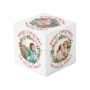 Red Merry Christmas, floral wreath holiday photo Cube