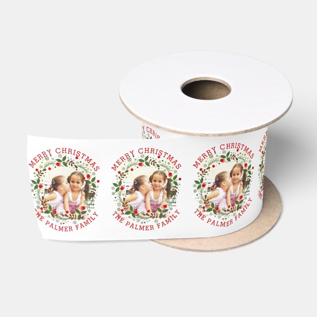 Red Merry Christmas, floral wreath holiday photo Satin Ribbon (Spool)