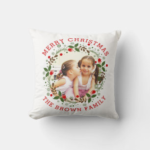 Red Merry Christmas, floral wreath holiday photo Throw Pillow