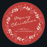 Red Merry Christmas Floral Wreath Simple Custom Classic Round Sticker<br><div class="desc">This festive holiday sticker in red features a simple flat wreath with Merry Christmas in trendy script lettering. Personalize it with your preferred greeting and your name!</div>