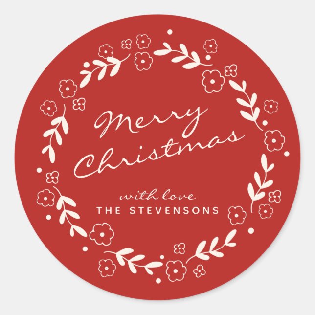 Red Merry Christmas Floral Wreath Simple Custom Classic Round Sticker (Front)