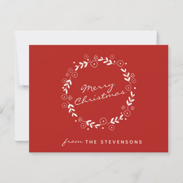 Red Merry Christmas Floral Wreath Simple Custom Holiday Card (Front)