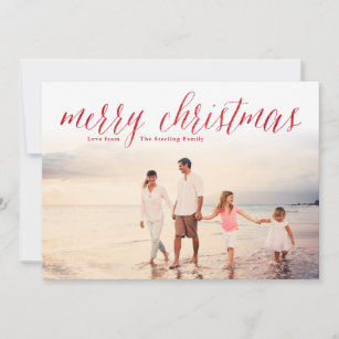 Red Merry Christmas Glitter Look Photo Holiday Card