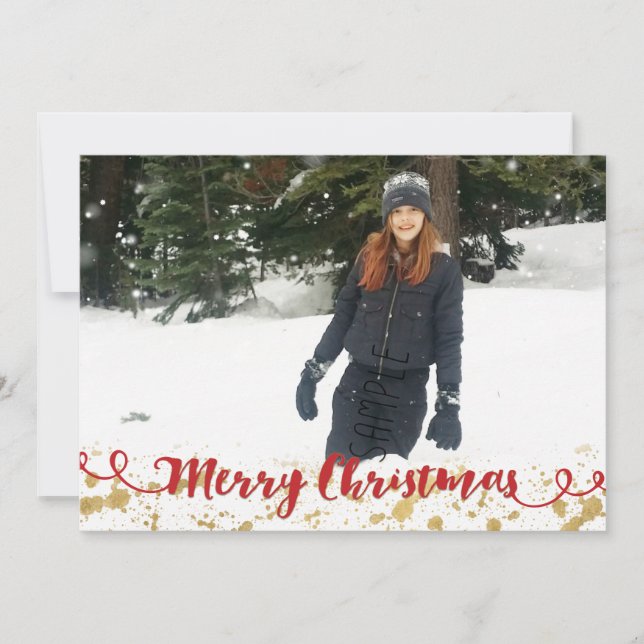 Red Merry Christmas Gold Splat Photo Holiday Card (Front)