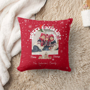 Red Merry Christmas Graffiti Holiday Family Photos Throw Pillow