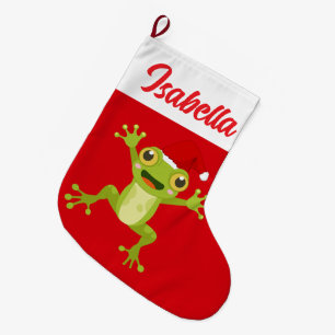 Red Merry Christmas Green frog Santa hat Xmas Large Christmas Stocking
