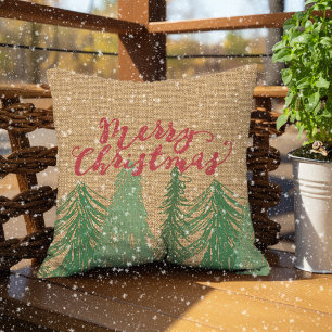 Red Merry Christmas Green Trees Faux Jute Burlap Outdoor Pillow