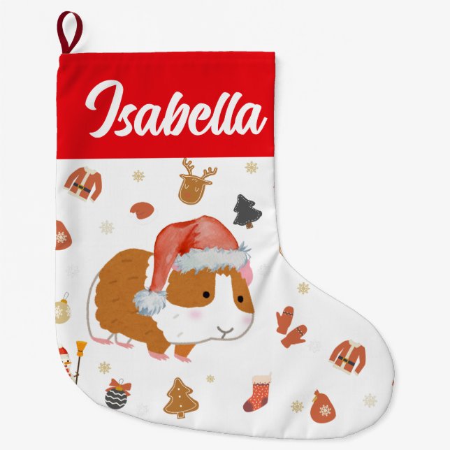 Red Merry Christmas Hamster Santa Holiday kids Large Christmas Stocking (Front)
