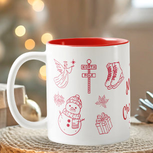 Red Merry Christmas Hand Draw  Two-Tone Coffee Mug