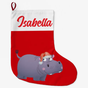 Red Merry Christmas Hippo zoo Santa hat Xmas Large Christmas Stocking