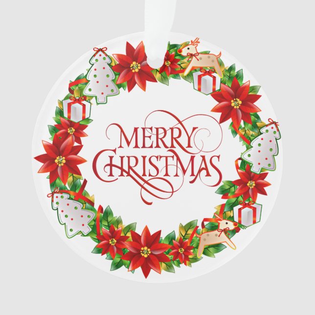 Red Merry Christmas Holiday Wreath Ornament (Front)