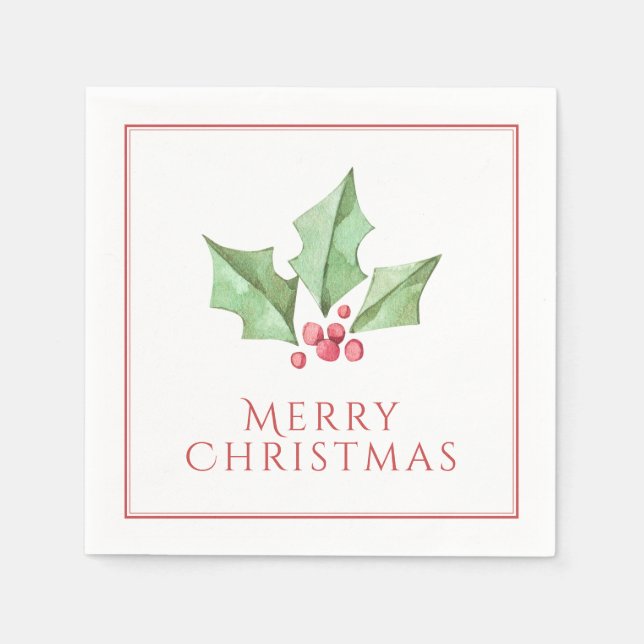 Red Merry Christmas Holly Berries Holiday Napkin (Front)