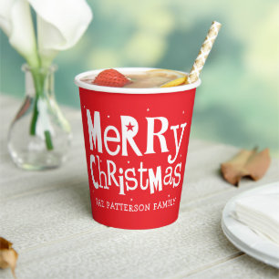 Red Merry Christmas Modern Personalized Name  Paper Cups
