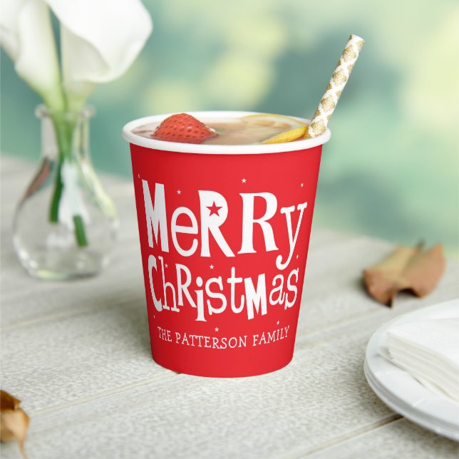 Red Merry Christmas Modern Personalized Name  Paper Cups (Insitu)