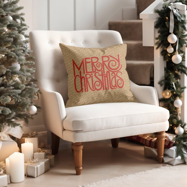Red Merry Christmas On Faux Jute Burlap Throw Pillow (Creator Uploaded)
