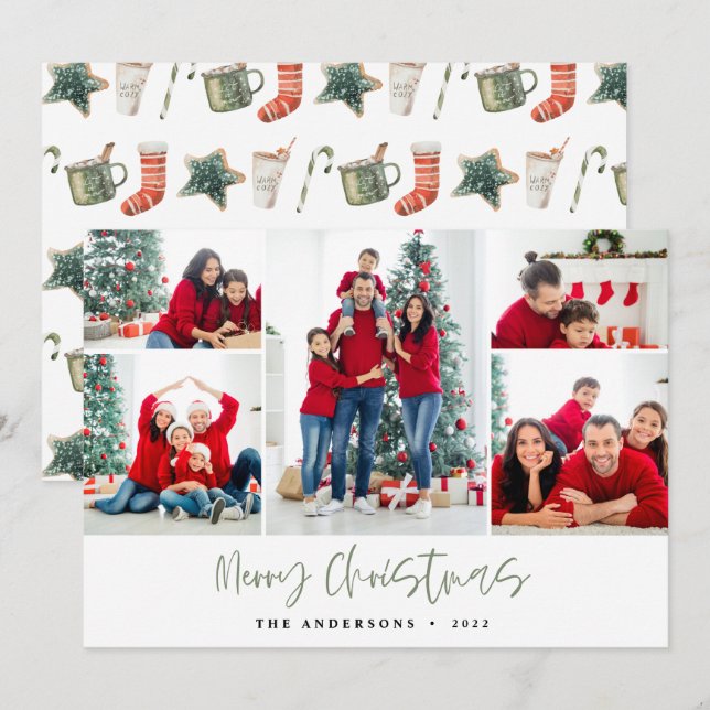 Red Merry Christmas Photo Card Five Pictures (Front/Back)
