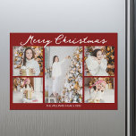 Red Merry Christmas Photo Collage 2025 Magnet Card<br><div class="desc">Bold red Merry Christmas magnet cards with chic handwritten scrawl above your family photo collage of your 5 favorite 2025 pictures. Chic and contemporary Christmas magnetic card featuring one vertical photograph in the center and 4 square pictures on the sides.</div>