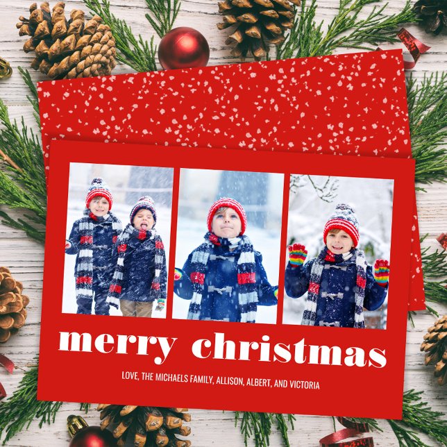 Red Merry Christmas Photo Collage Custom Holiday Card (Merry Christmas red whimsical photo collage greeting card. )