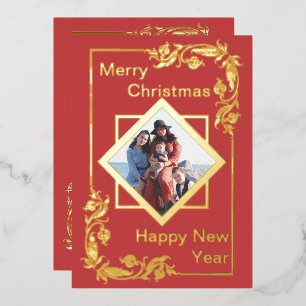 Red Merry Christmas Photo Happy New Year Greeting Foil Holiday Card