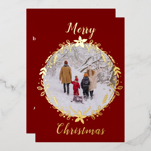 Red Merry Christmas Photo Wreath One Photo Foil Holiday Card (Front/Back)