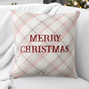 Red Merry Christmas Pink Plaid Pattern Modern Throw Pillow