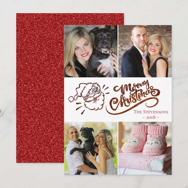 Red Merry Christmas Santa Modern 4 Photo Collage Holiday Card (Front/Back)