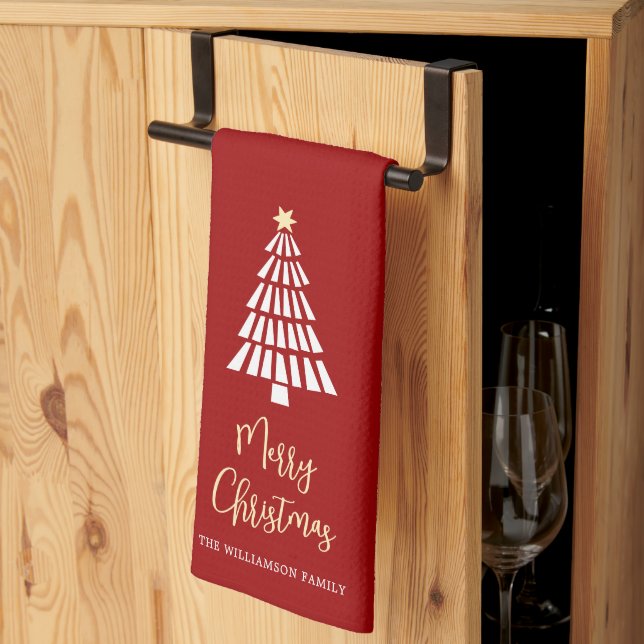 Red Merry Christmas Script 3 Trees Simple Custom Kitchen Towel (Thirds Fold)