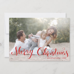 Red Merry Christmas Script Holiday Photo Flat Card