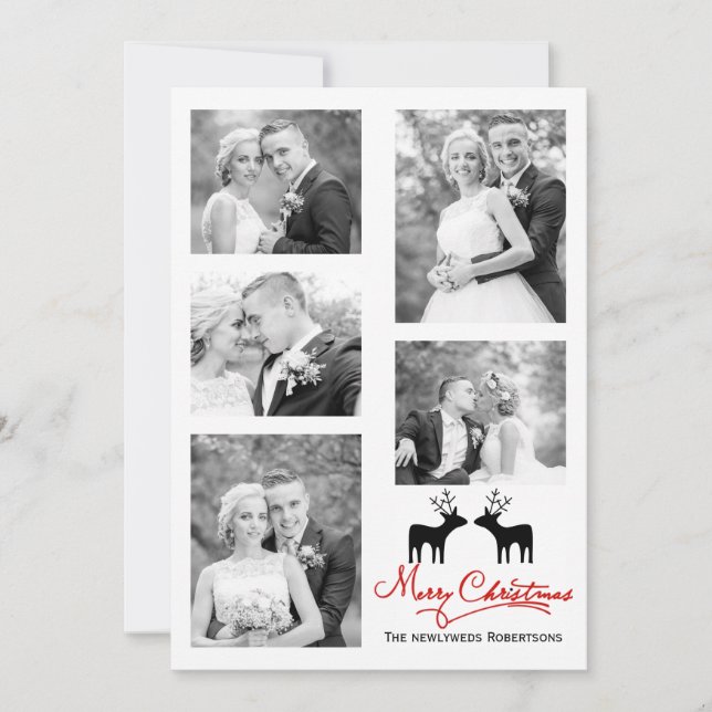 Red Merry Christmas script newlyweds photo collage Holiday Card (Front)