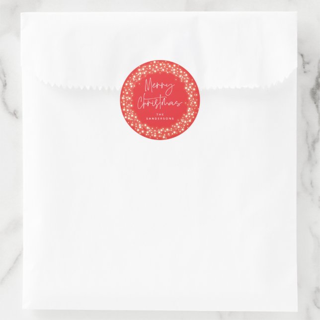 Red Merry Christmas Script Sparkling Lights Classic Round Sticker (Bag)
