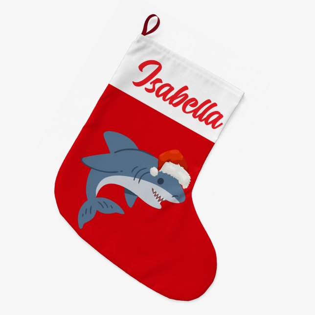 Red Merry Christmas Shark fish Santa hat Xmas Large Christmas Stocking (Front (Hanging))