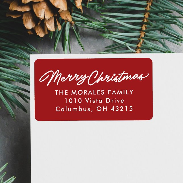 Red Merry Christmas simple script return address Label (Creator Uploaded)