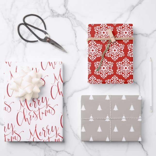 Red Merry Christmas Snowflakes Holiday Christmas Wrapping Paper Sheet (Front)