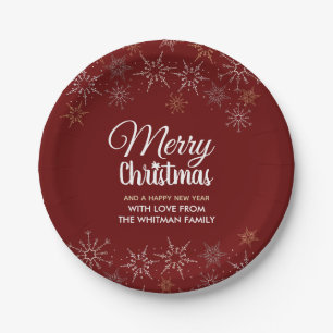 Red Merry Christmas Snowflakes Paper Plate