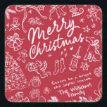 Red Merry Christmas  Square Sticker<br><div class="desc">Merry Christmas- Hand drawn holiday sticker Bring a touch of charm and warmth to the holiday season with this whimsical Christmas collection! Each design is filled with a cozy holiday spirit, making it a heartfelt choice for family, friends, or anyone who loves a fun, creative touch. Send a smile with...</div>
