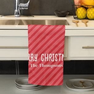 Red Merry Christmas Striped Personalized Kitchen Towel