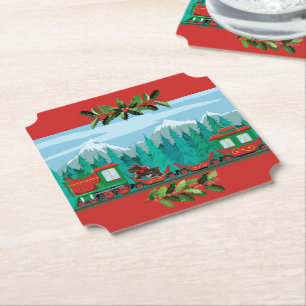 Red Merry Christmas Train Paper Coaster