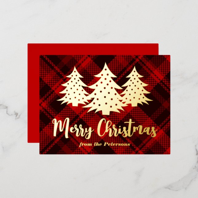 Red Merry Christmas Tree Rustic Plaid Gold Foil Holiday Postcard (Front/Back)