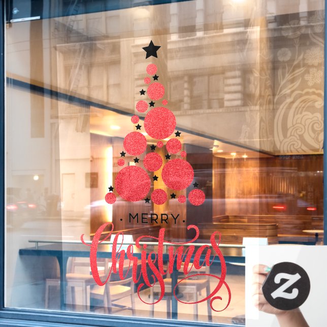 Red Merry Christmas Tree Stars Holiday Window Cling (Cafe Window)