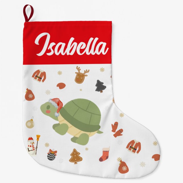 Red Merry Christmas turtle sea Santa hat Xmas Large Christmas Stocking (Front)