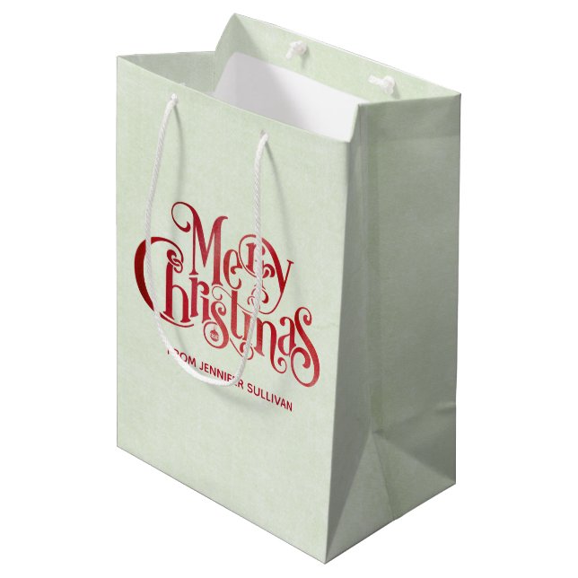 Red Merry Christmas Typography Festive Font Medium Gift Bag (Front Angled)