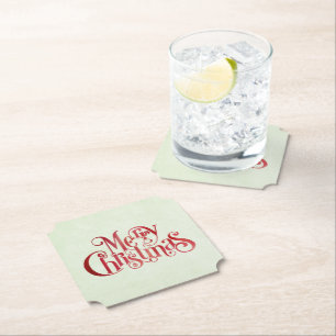 Red Merry Christmas Typography Festive Font Paper Coaster