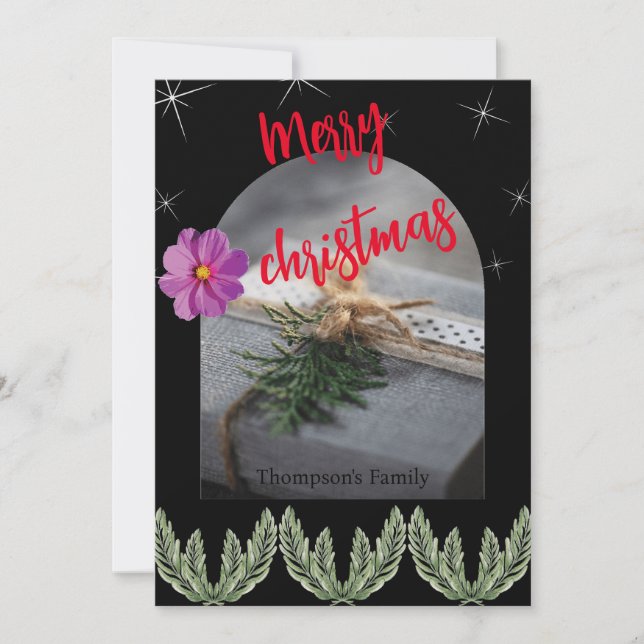 Red merry christmas Typography green foliage Holiday Card (Front)