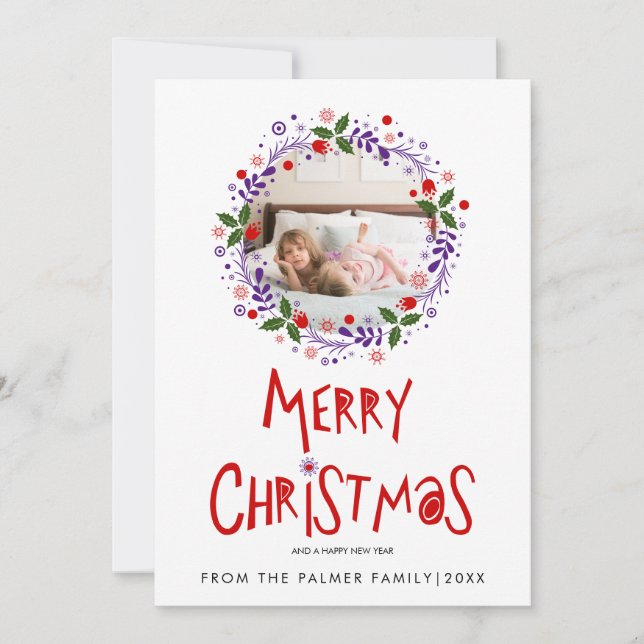 Red Merry Christmas typography purple wreath photo Holiday Card (Front)
