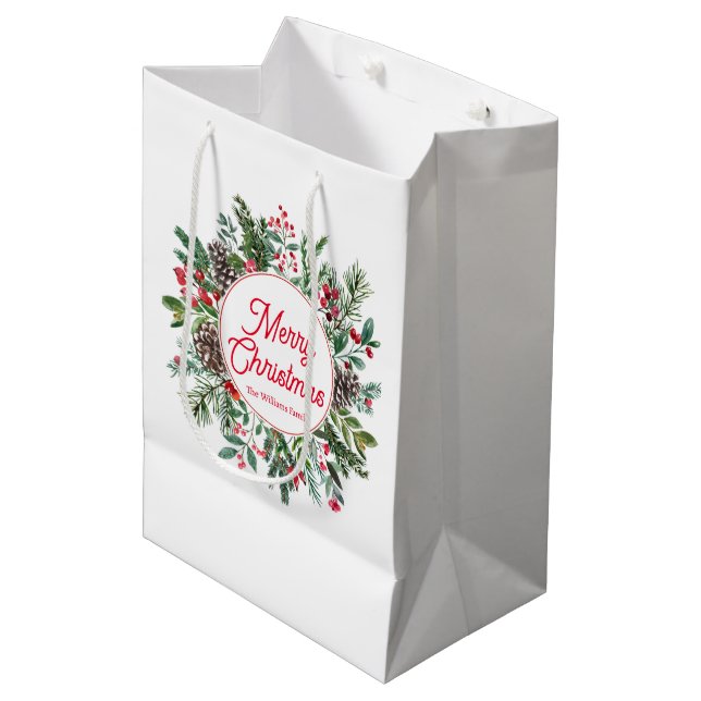 red merry christmas watercolor holiday greenery  medium gift bag (Front Angled)