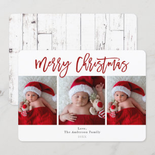 Red Merry Christmas White Wood Holiday Photo Invitation