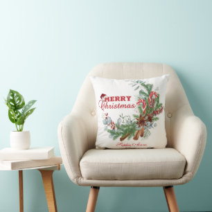Red Merry Christmas Winter Bouquet Monogram Throw Pillow